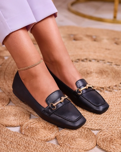 Royalfashion Mocasini negri pentru femei cu ornament auriu Olerika