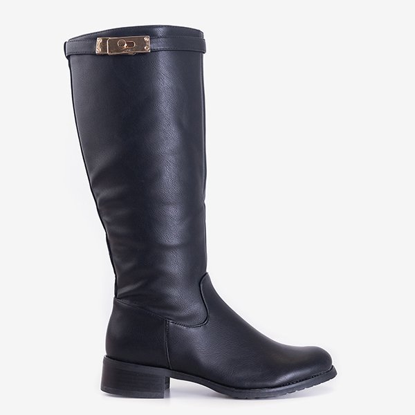 Cizme negre până la genunchi, cu toc plat de la Cavallina - Pantofi
