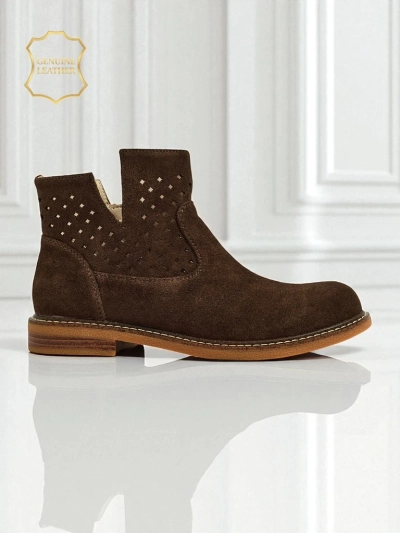 Aurelia Verona - Botine maro din piele intoarsă naturală pentru femei, toc de 3 cm