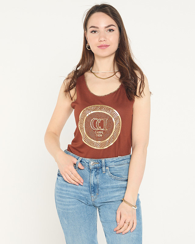 Bluză maro pe umăr cu imprimeu și zirconiu cubic - Îmbrăcăminte