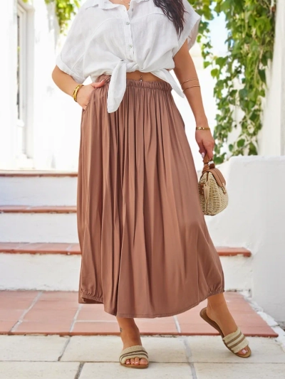 Fustă midi de vară Royalfashion pentru femei, țesută, ușoară și fluidă, cu două buzunare