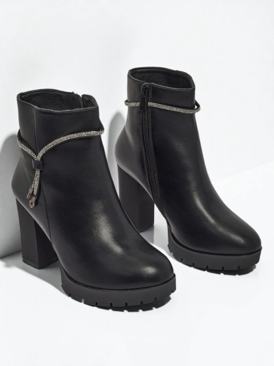 Botine de damă din piele ecologică cu toc gros Marellin