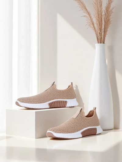Slip-on damă Selene maro deschis, material textil, toc plat, confort