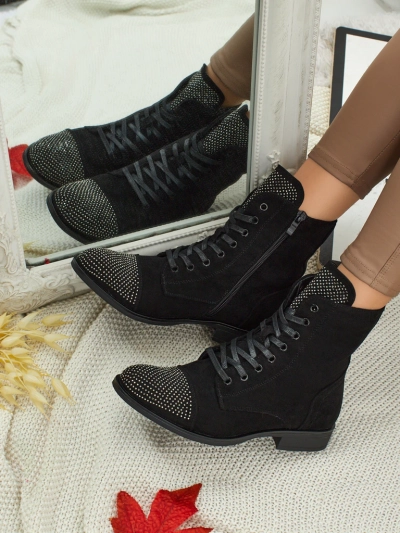 Botine de damă cu șireturi din piele ecologică întoarsă cu zirconiu Marvelli