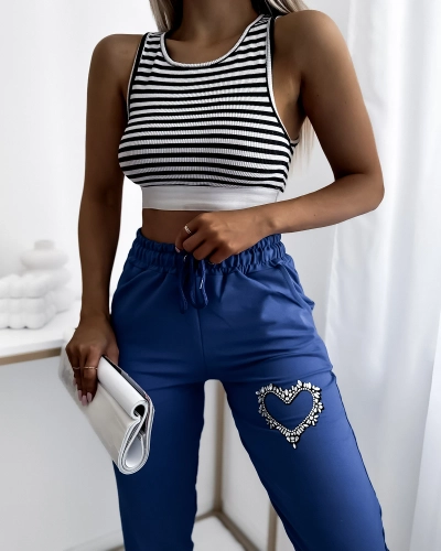 Pantaloni de trening albastru pentru femei cu ornament de zirconiu- Îmbrăcăminte