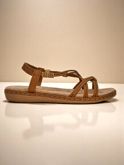 Sandalia pa hende muhe Royalfashion Cressida camel plat konfort kuero eco zomer