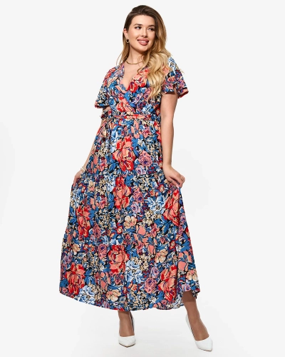 Rochie lungă cu flori pentru femei, albastru marin - Îmbrăcăminte