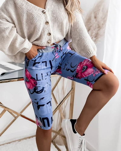 Pantaloni scurți de damă 3/4 albaștri și roz cu imprimeu PLUS SIZE - Îmbrăcăminte