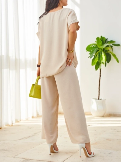 Set Royalfashion pentru femei cu mâneci scurte, floare decorativă și pantaloni largi