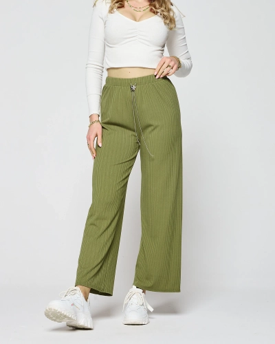 Pantaloni largi cu nervuri pentru femei, de culoare verde - Îmbrăcăminte
