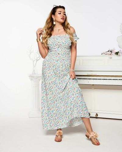 Rochie albă lungă pentru femei a'la hiszpanka cu imprimeu- Îmbrăcăminte