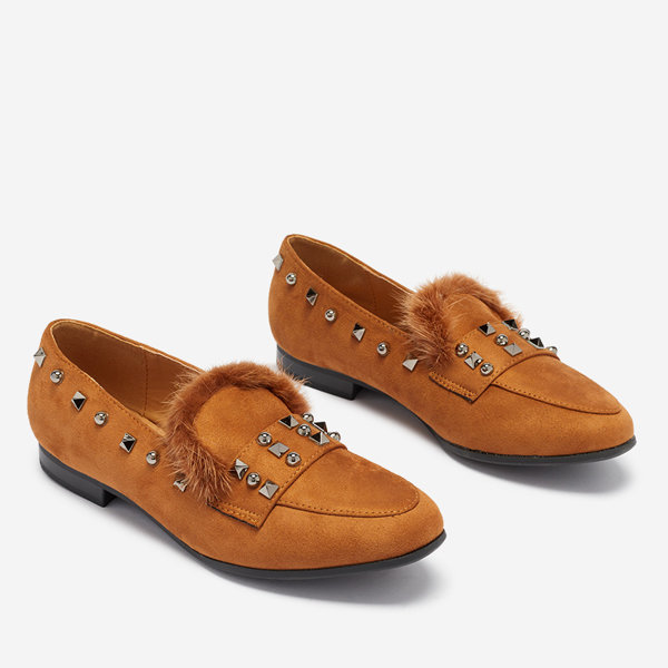 OUTLET Mocasini de damă Camel cu pietre și blană Nerrov- Footwear