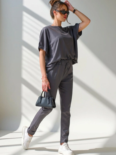 Set din bumbac Royalfashion pentru femei, cu mâneci scurte și pantaloni drepți