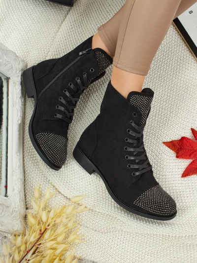 Botine de damă cu șireturi din piele ecologică întoarsă cu zirconiu Marvelli