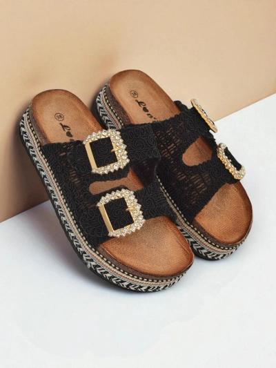 Royalfashion Sandale de damă cu catarame cu pietre strălucitoare GlamCork