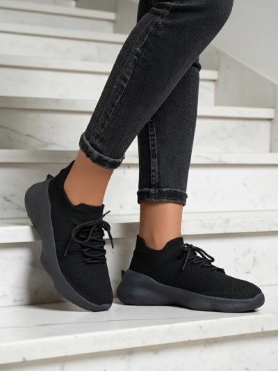 Sneakers de Damă Aura Nero Negri din Material Textil cu Talpă Plată de 4.5cm