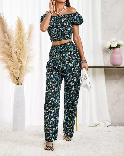 Royalfashion Set floral negru din două piese pentru femei