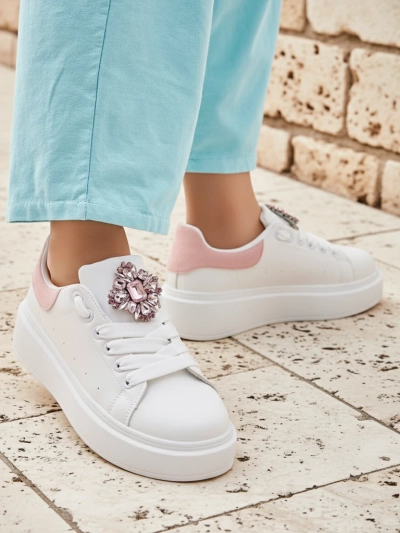 Sneakers de damă Hypatia Bianco din piele ecologică cu ornament și accent roz