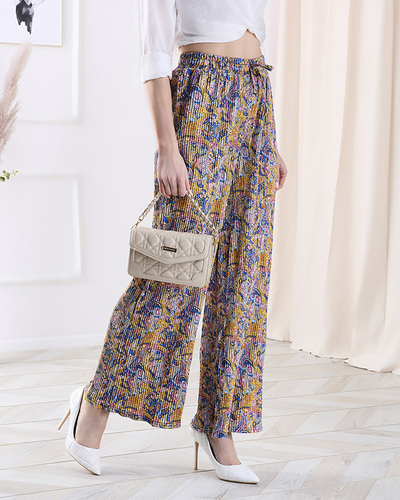 Pantaloni de damă cu model cu picioare largi, de culoare galbenă- Îmbrăcăminte