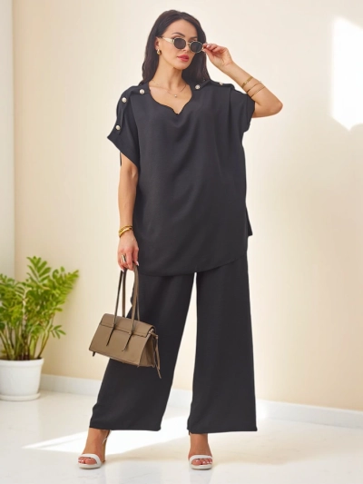 Set de bumbac Royalfashion pentru femei, cu mâneci scurte și pantaloni largi