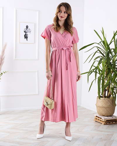Rochie lungă roz de damă cu croială - Îmbrăcăminte