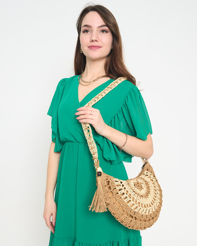 Geantă de damă maro din paie cu ciucuri decorativi - Accesorii