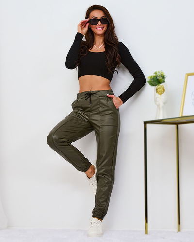 Royalfashion Pantaloni de damă din piele ecologică cu căptușeală din fleece, în verde