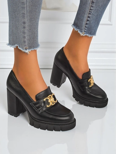 Zapatos de salón de mujer Nero Aurora con tacón de bloque y hebilla dorada, piel ecológica