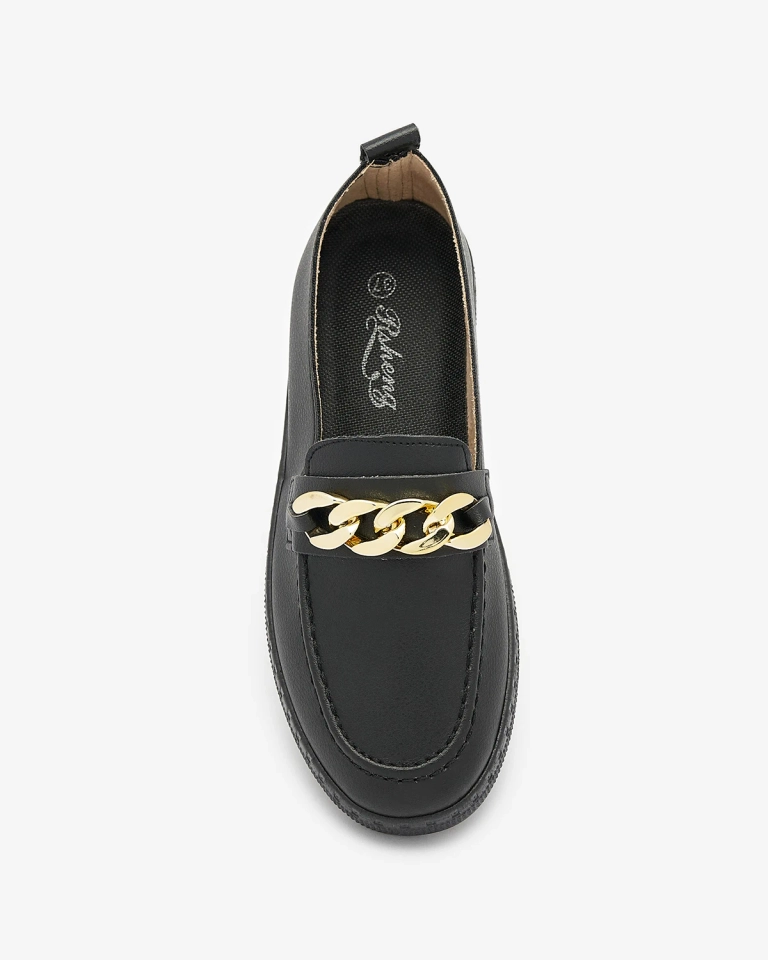 Mocasini negri de damă cu ornament auriu Ellica- Footwear