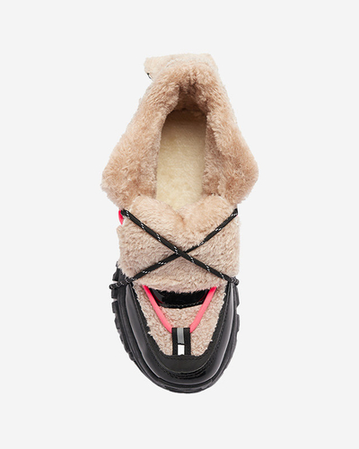 Pantofi sport de damă negri cu blană și șireturi roz neon Adbo- Footwear