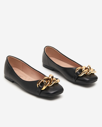 Balerini de dama neagra din piele ecologica cu decor gassi auriu - pantofi