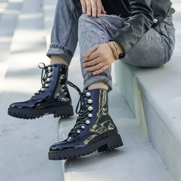 OUTLET Cizme dama lacuite negre cu perle Lumines - Incaltaminte