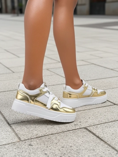 Sneakers Dama 'Aurelia' Auriu-Alb cu Platformă de 4cm - Stil și Confort