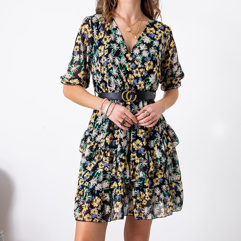 Mini rochie neagră pentru femei, cu flori galbene - Îmbrăcăminte