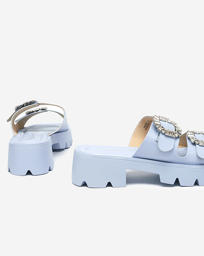 OUTLET Papuci de dama albastri cu ornamente de zircon Sadoh- Incaltaminte