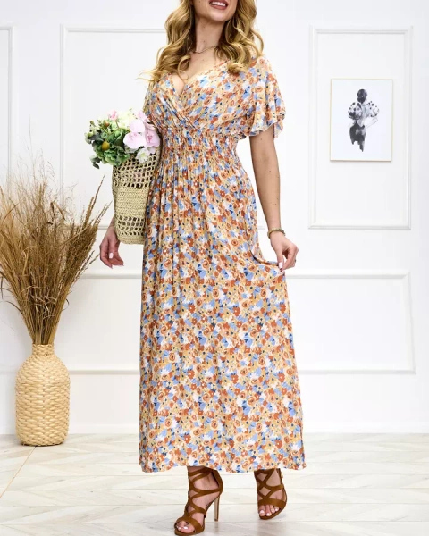 Rochie midi florală pentru femei, portocalie și albastră - Pantofi