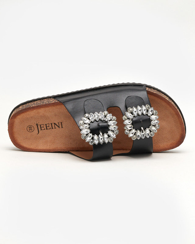 Papuci negri de dama cu agrafe Oterina - Incaltaminte