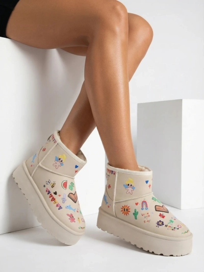 Botki Lemuria - Kremowe Śniegowce Doodle na Grubej Podeszwie Furrini