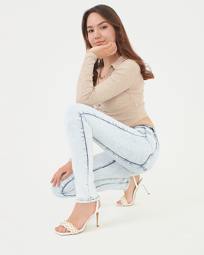 Blugi skinny de dama albastri cu fermoar - Imbracaminte
