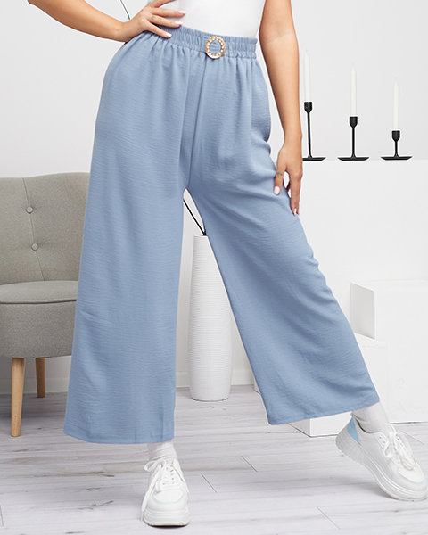 Pantaloni palazzo largi de dama albastri cu ornament - Imbracaminte