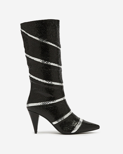 Cizme negre și argintii cu toc stiletto de damă cu dungi în relief Felifea- Footwear