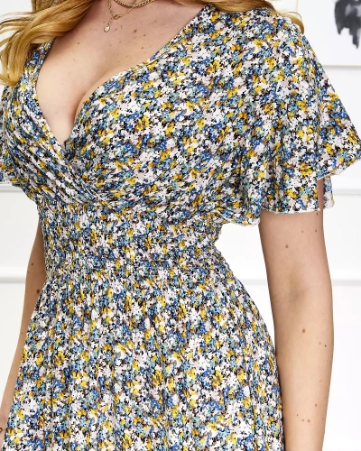 Rochie midi florală de damă, galben și albastru - Îmbrăcăminte