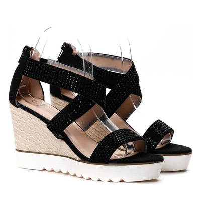 Czarne sandały na koturnie z cyrkoniami Chika- Obuwie