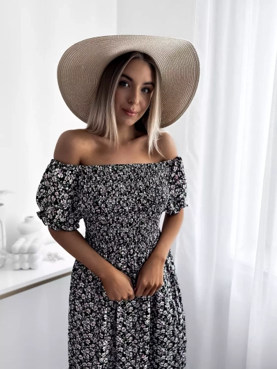 Rochie midi neagră cu flori pentru femei - Îmbrăcăminte