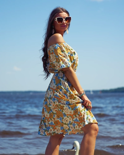 Royalfashion Rochie mini florală pentru femei a'la hiszpanka în bej