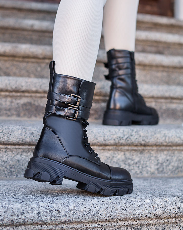 Royalfashion Cizme bagger de damă din piele ecologică de culoare neagră Faserti