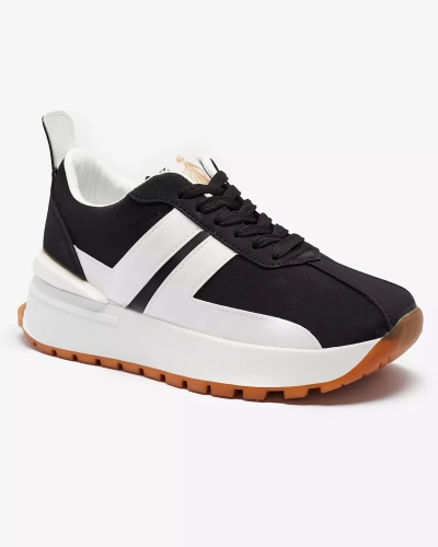 Pantofi sport pentru femei din piele ecologică de culoare neagră, cu inserții colorate Tifora- Footwear