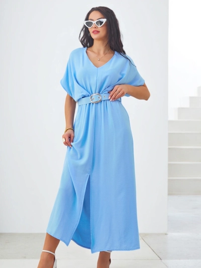Rochie midi pentru femei Royalfashion cu mâneci scurte, decolteu în V și o fanta în mijloc