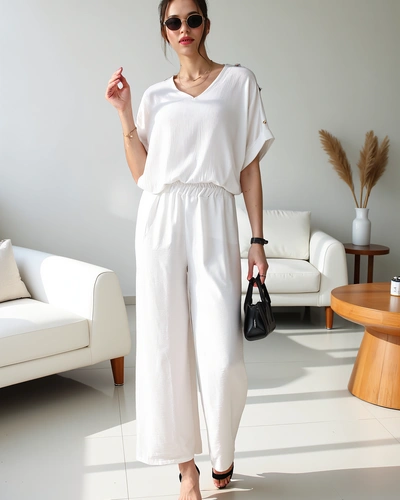 Royalfashion Set casual pentru femei, cu bluză cu mânecă scurtă și pantaloni largi