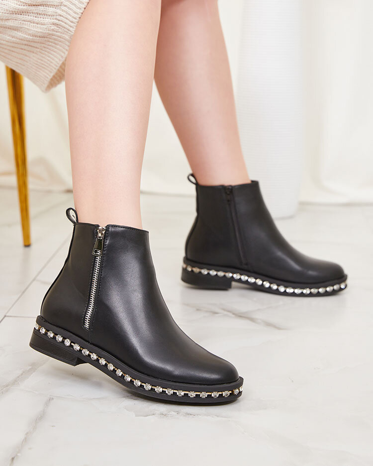 Royalfashion Cizme negre cu toc plat pentru femei, cu zirconii Wiskuni